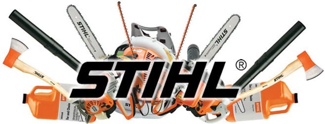 STIHL products such as an axe, brushcutters, hedge trimmers, chainsaws, lawnmowers, etc.